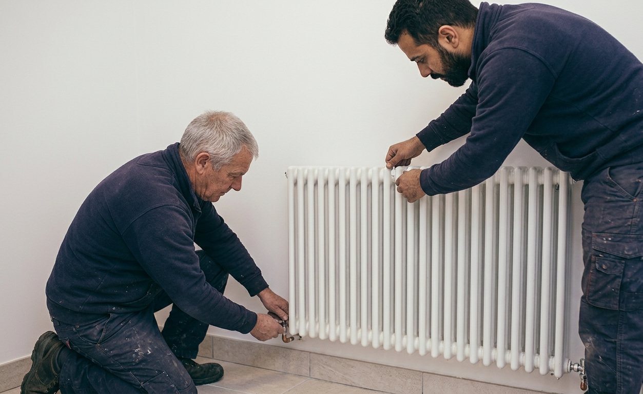 Illustration : pose d'un radiateur et raccordement du chauffage